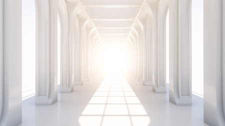 Sunlight shines through columns in a long and white corridor. Architecture modern geometric concrete structureの素材