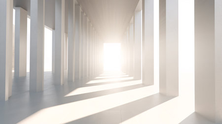 Sunlight shines through columns in a long and white corridor. Architecture modern geometric concrete structureの素材