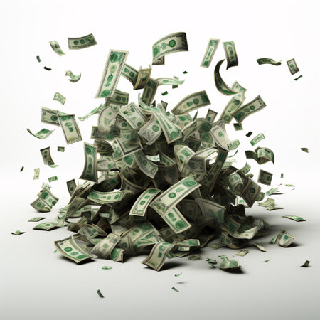 3D Green Dollars Like Currency Falling. Paper bills in realistic style on isolated on white background.の素材