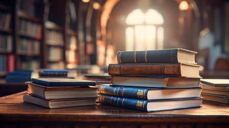 A stack of books on a table. University library in the background. Stack of books close up view.の素材