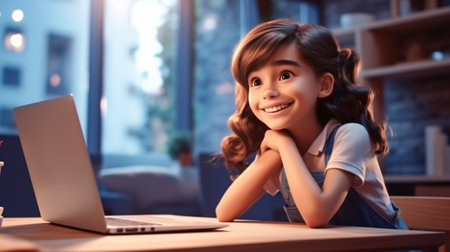 First day at school. Cute and happy little girl children using laptop computer, studying through online e-learning system. Homeschooling.の素材