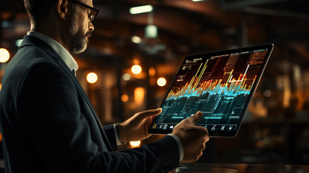 Business man hand holding tablet that showing holographic graphs and stock market statistics gain profits. Concept of growth planning and business strategy.の素材