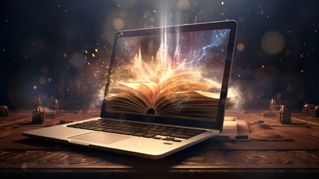 Laptop as book of knowledge base concept. E-learning and homeschooling concept.の素材