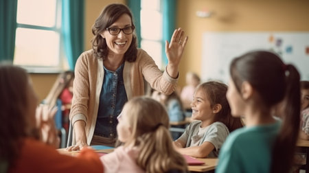 Happy elementary school teacher giving high-five to school girl.の素材