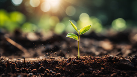 Young plant growing in the morning light and green nature bokeh background , new life growth ecology business financial progress concept, Earth Dayの素材