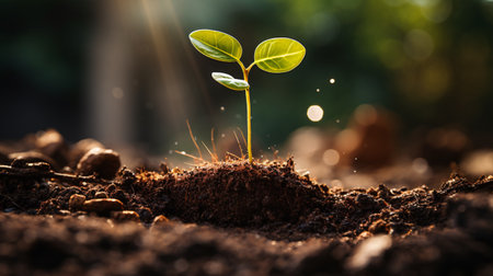 Young plant growing in the morning light and green nature bokeh background , new life growth ecology business financial progress concept, Earth Dayの素材