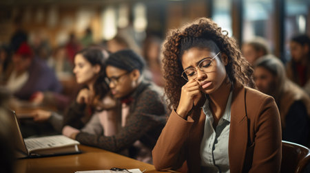 African American student Tired woman napping during lecture in the classroomの素材