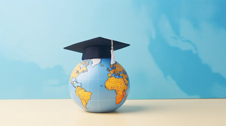 Education in Global world, Graduation cap on the Earth globe model on pastel background with copy spaceの素材