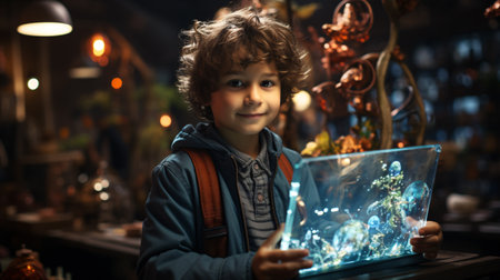 A young boy student engages with a digital tablet featuring a blue heads-up displayの素材