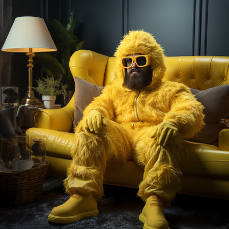 Funny man in sunglasses and bright yellow duck pajama is sitting on the sofa in the living room.の素材
