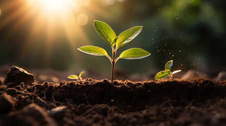 Young plant growing in the morning light and green nature bokeh background , new life growth ecology business financial progress concept, Earth Dayの素材