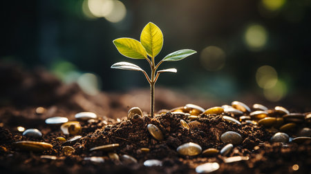 In the soft morning light and surrounded by a bokeh of green nature, a young plant represents the growth of new life and the merging of ecologyの素材