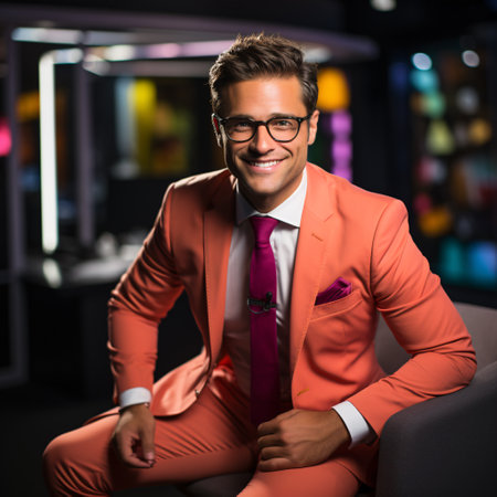 Live broadcasting. Portrait of confident young male professional news reporter in armchair dressed in stylish suitの素材