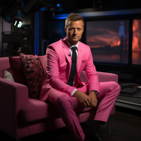 Live broadcasting. Portrait of confident young male professional news reporter in armchair dressed in stylish suitの素材