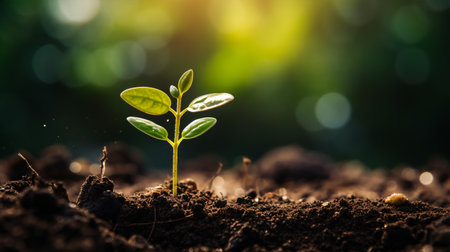 In the morning's gentle glow, a fledgling plant thrives amidst the verdant beauty of nature, embodying the idea of progress in both ecology and finance on Earth Day.の素材