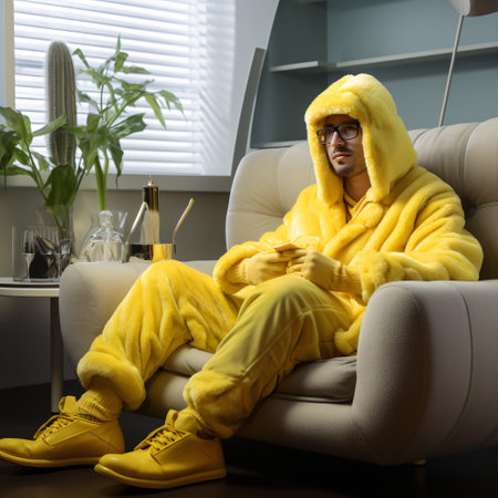 Funny man in sunglasses and bright yellow duck pajama is sitting on the sofa in the living room.の素材