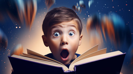 Very interesting adventure story in the book. Surprised little boy with shocked expression reading book, story isolated over colorful background. Education and imagination ad.の素材