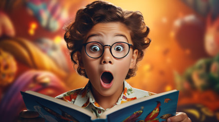 Very interesting adventure story in the book. Surprised little boy with shocked expression reading book, story isolated over colorful background. Education and imagination ad.の素材