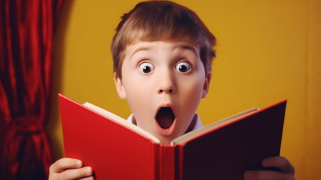 Intriguing adventure tale within the book captivates a young boy, his wide-eyed astonishment set against a vibrant backdropの素材
