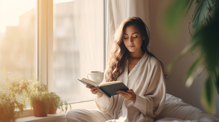 Woman holding cup of coffee and reading a book near the window. Good morning lifestyle concept.の素材
