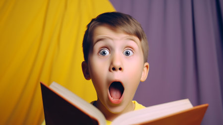 Intriguing adventure tale within the book captivates a young boy, his wide-eyed astonishment set against a vibrant backdropの素材
