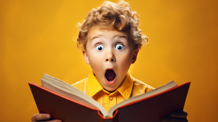 Captivating Adventure Tale: Astonished Young Reader Immersed in Colorful Book - A Celebration of Education and Imagination!の素材