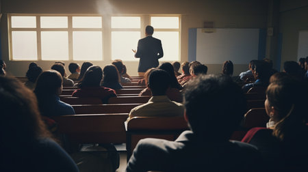 Mature professor giving lecture to group of college students in the classroom. Back view.の素材