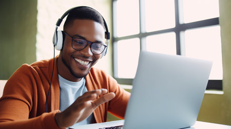 Happy young african american man in glasses wearing headphones sitting with laptop and learning.の素材