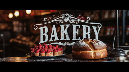 Vintage bakery sign badge on blurred background with fresh bread and cake.の素材