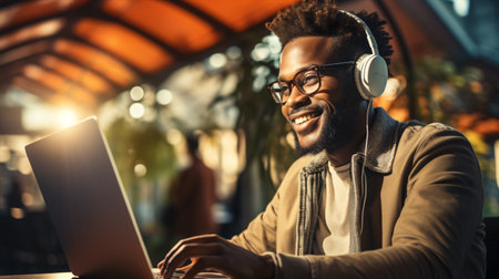 Happy young african american man in glasses wearing headphones sitting with laptop and learning.の素材