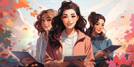 Group of multicultural students illustration. Young girls holding books. Back to school concept.の素材