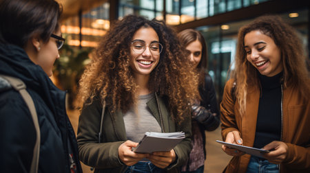 A beaming student stands amidst a multiethnic group of friends in a lobbyの素材