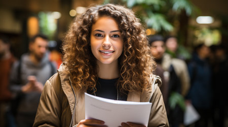 Happy student showing test results to her multiracial friends while standing in a lobbyの素材