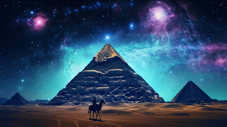 Neon Nostalgia: A Futuristic Sci-Fi Adventure with Camels and 80s Disco Vibes, as Egyptian Pyramidsの素材