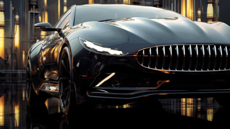 After a meticulous wash and wax, the sleek surface of a high-end sports car reflects the nearby oil refineryの素材