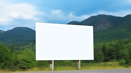 Blank billboard sign mock up template near the road. Forest and mountains nature landscape. Ad panel on road.の素材