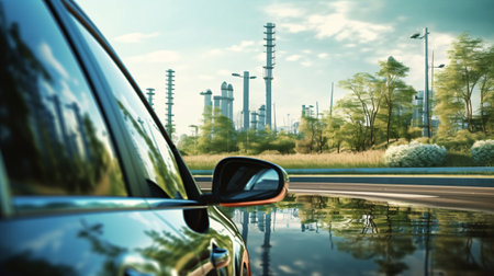 Roadside scenery mirrored on the car's glossy rear.の素材