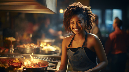 An exuberant African American female chef happily involved in food preparation in the restaurant kitchen.の素材