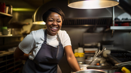 An African American female chef passionately prepares food in the restaurant kitchen.の素材