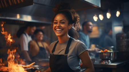 An African American female chef passionately prepares food in the restaurant kitchen.の素材