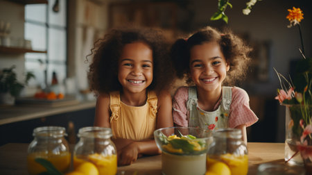 Two young girls of African American descent share a strong friendship as they collaborate in a contemporary kitchen to prepare a meal.の素材