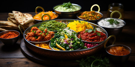 Assorted Indian cuisine on a rustic wooden backdrop: Curry, butter chicken, rice, lentils, paneer, samosa, naan, chutney, and aromatic spices.の素材