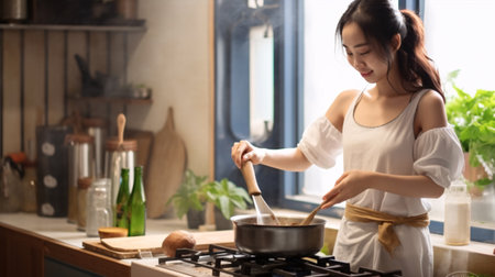 An exquisite Asian lady joyfully prepares a meal in the kitchen, wearing a smile on her face.の素材