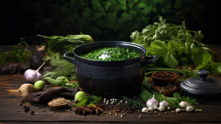 A rustic table hosts a cast iron pot filled with fresh herbs, spices, and utensils, setting the stage for flavorful and healthy homemade cooking. Against a dark backdrop, this food-themed still life offers ample copy space.の素材
