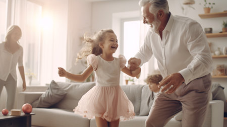 With a heart full of love, the doting grandfather gazes gracefully at his beloved granddaughter, a delightful young girl.の素材