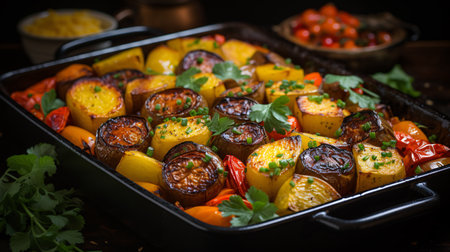 Bird's-eye view of vibrant, roasted autumn veggies.の素材