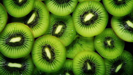 A backdrop of fresh and green kiwi, both delicious and juicy, creates a vibrant and appetizing scene.の素材