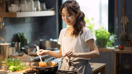 An exquisite Asian lady joyfully prepares a meal in the kitchen, wearing a smile on her face.の素材