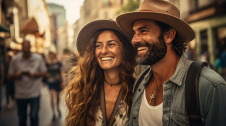 Young couple in summer, taking candid selfies with their phones, capturing their love and happinessの素材