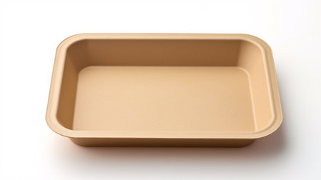 Blank paper food tray stands alone against a white backdrop. It's a mock-up template without any labelsの素材